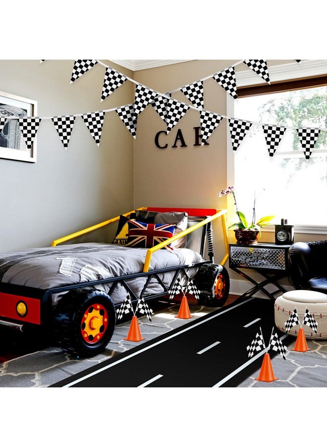 Remagr 22 Pcs Racing Traffic Cones Party Decoration with Racetrack Floor Runner Checkered Flags Black White Pennant Banner Orange Sports Safety Cones For Race Car Birthday Party Supplies - Image 4