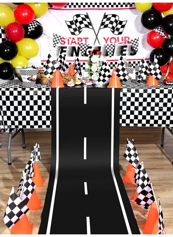 Remagr 22 Pcs Racing Traffic Cones Party Decoration with Racetrack Floor Runner Checkered Flags Black White Pennant Banner Orange Sports Safety Cones For Race Car Birthday Party Supplies - Image 5
