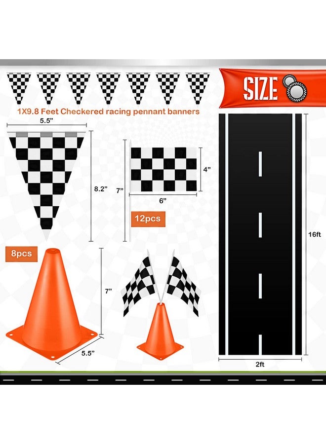 Remagr 22 Pcs Racing Traffic Cones Party Decoration with Racetrack Floor Runner Checkered Flags Black White Pennant Banner Orange Sports Safety Cones For Race Car Birthday Party Supplies - Image 2