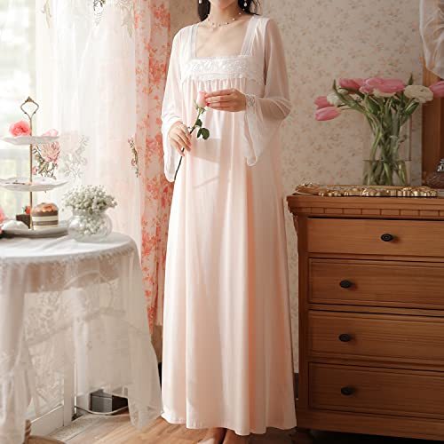 Homgro Women's Cotton Nightgown Long Sleeve Nightgowns Victorian Vintage Autumn Night Shirt Light Pink Large - Image 2