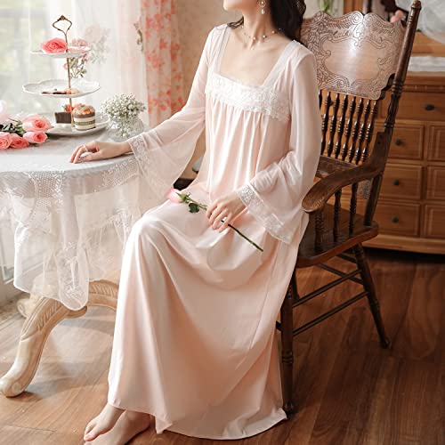 Homgro Women's Cotton Nightgown Long Sleeve Nightgowns Victorian Vintage Autumn Night Shirt Light Pink Large - Image 5