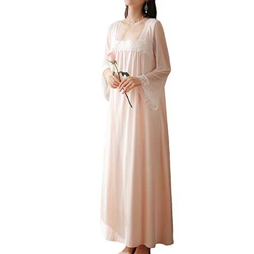 Homgro Women's Cotton Nightgown Long Sleeve Nightgowns Victorian Vintage Autumn Night Shirt Light Pink Large - Image 1