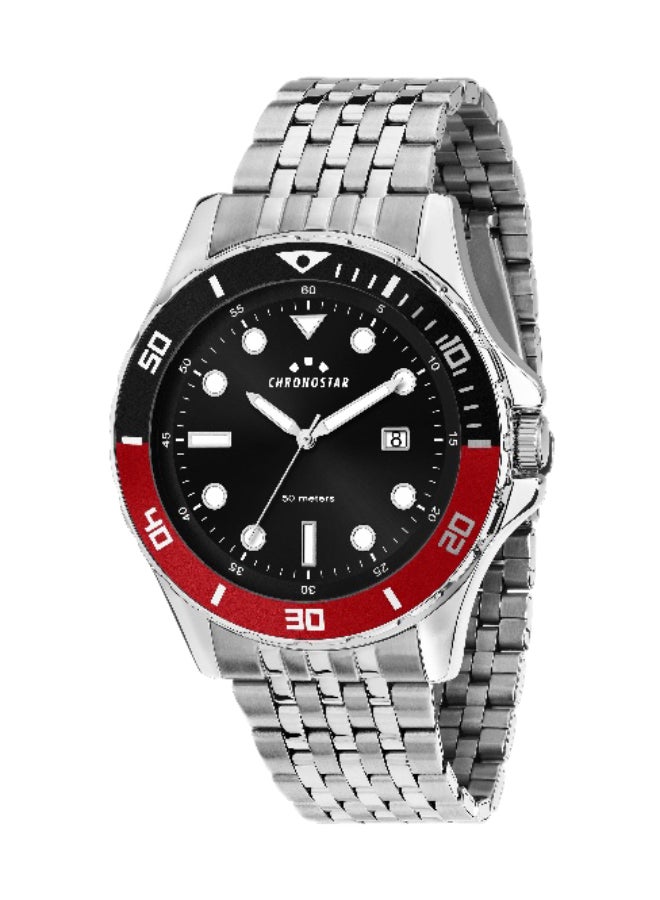 Chronostar Men's Black Round Analog Dial with Silver Stainless Steel Band Watch - 43mm - R3753318001 - Image 1