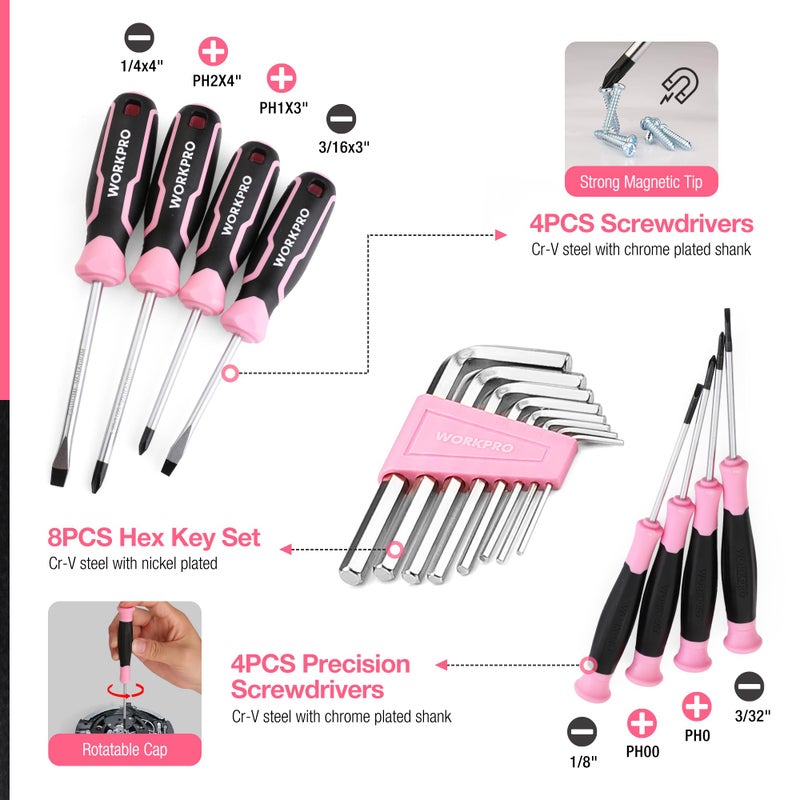 WORKPRO Pink Tool Set, 277 PCS Home Repairing Tool Kit, Pink Tool Bag with 13-Inch Wide Mouth Open Storage Bag, Portable Home Tool Kit Including Hammer, Screwdriver, and Household Tools - Pink Ribbon - Image 5
