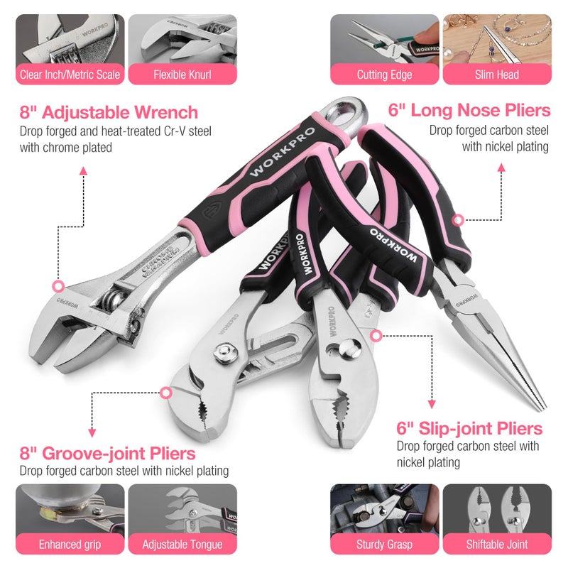 WORKPRO Pink Tool Set, 277 PCS Home Repairing Tool Kit, Pink Tool Bag with 13-Inch Wide Mouth Open Storage Bag, Portable Home Tool Kit Including Hammer, Screwdriver, and Household Tools - Pink Ribbon - Image 4