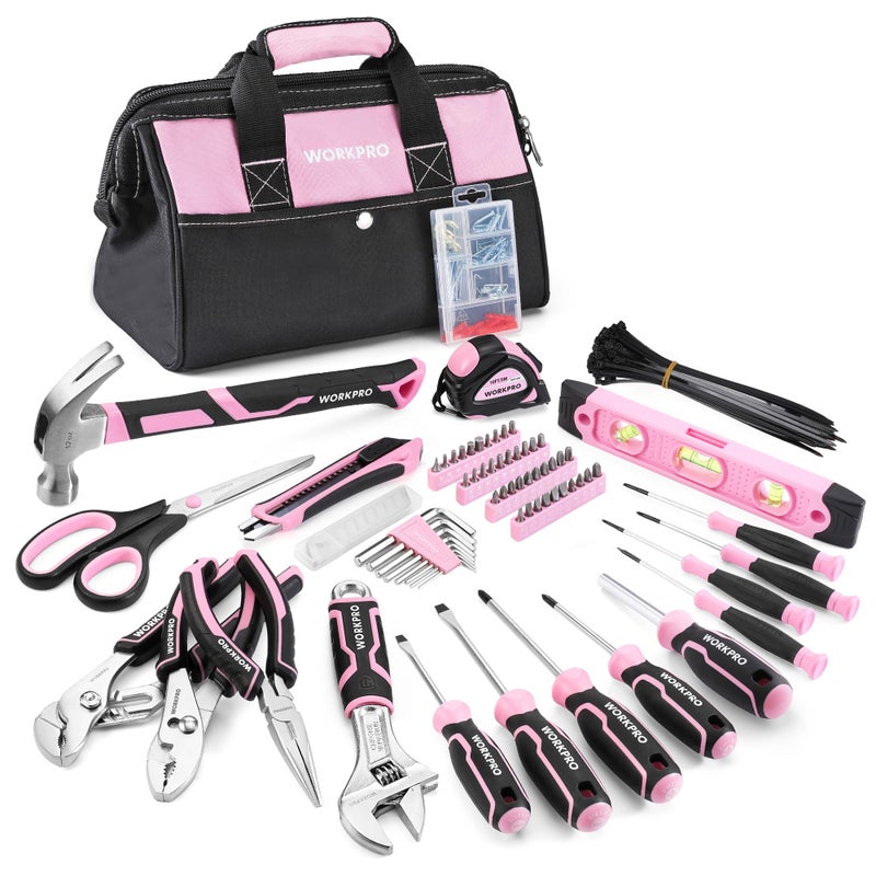 WORKPRO Pink Tool Set, 277 PCS Home Repairing Tool Kit, Pink Tool Bag with 13-Inch Wide Mouth Open Storage Bag, Portable Home Tool Kit Including Hammer, Screwdriver, and Household Tools - Pink Ribbon - Image 1