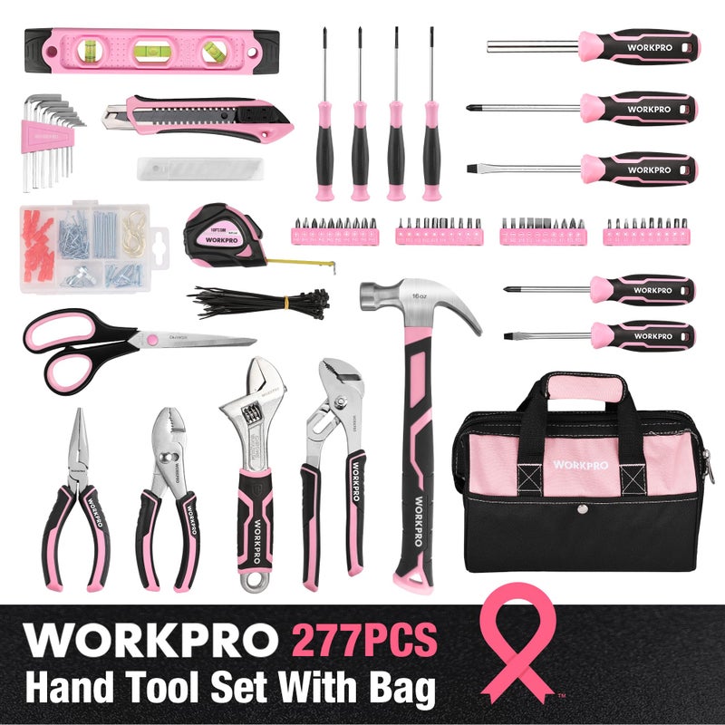 WORKPRO Pink Tool Set, 277 PCS Home Repairing Tool Kit, Pink Tool Bag with 13-Inch Wide Mouth Open Storage Bag, Portable Home Tool Kit Including Hammer, Screwdriver, and Household Tools - Pink Ribbon - Image 2