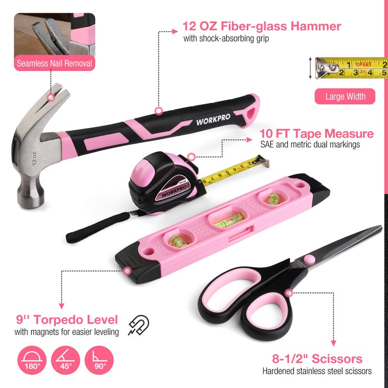 WORKPRO Pink Tool Set, 277 PCS Home Repairing Tool Kit, Pink Tool Bag with 13-Inch Wide Mouth Open Storage Bag, Portable Home Tool Kit Including Hammer, Screwdriver, and Household Tools - Pink Ribbon - Image 3
