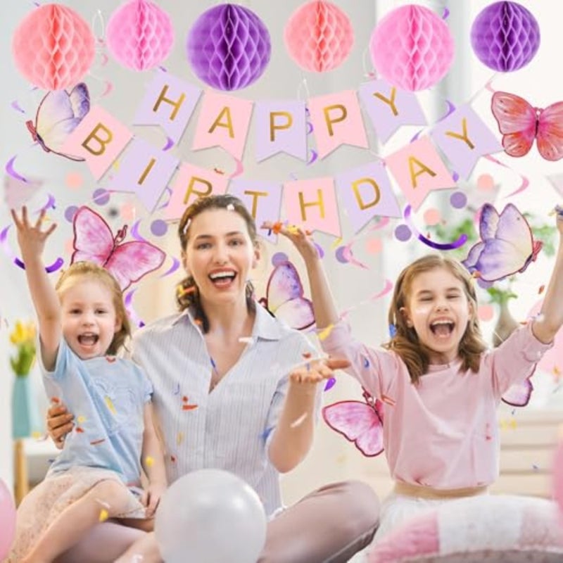مجموعة زينة عيد ميلاد باللونين الأرجواني والوردي، لافتة عيد ميلاد سعيد مع بالونات، وكرات على شكل فراشة على شكل قرص العسل، وأعلام رايات وإكليل منقط دائري، مستلزمات الحفلات النسائية للفتيات - Image 2