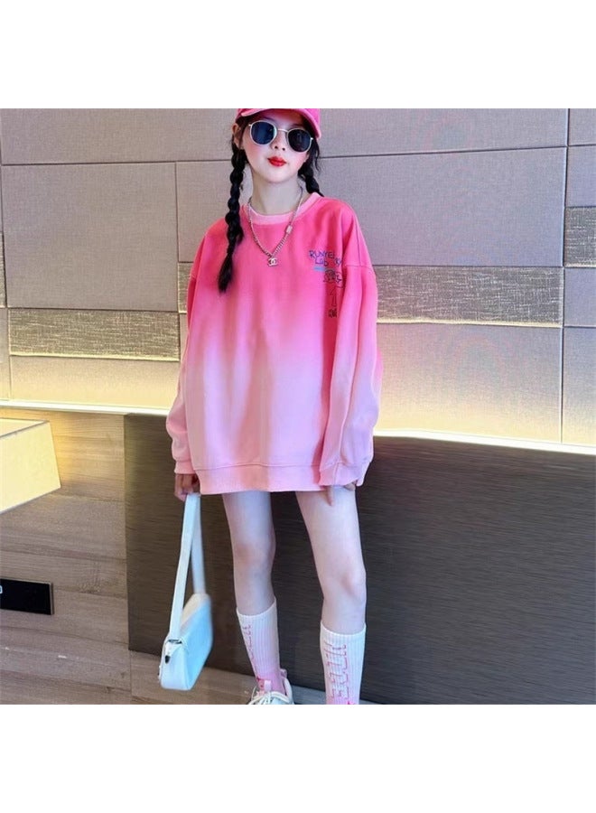 Girls' Korean-style Sweatshirt, Spring And Autumn New Model, Fleece-lined, Gradient Casual Top For Older Children, Long-sleeve Top For Girls