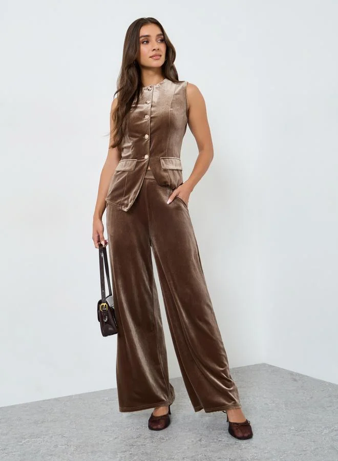 Styli Women Brown Velour Wide Leg Pants