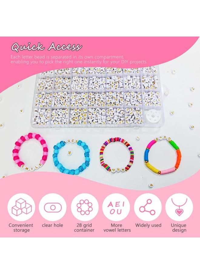 Looconi 1400pcs Letter Beads A-Z 4x7mm White On Gold Round Acrylic Alphabet Heart Beads and Beading Cord for Jewelry Making Bracelets Necklaces Key Chains - Image 3