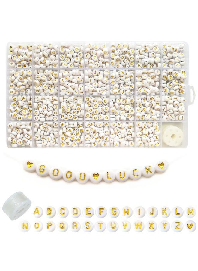 Looconi 1400pcs Letter Beads A-Z 4x7mm White On Gold Round Acrylic Alphabet Heart Beads and Beading Cord for Jewelry Making Bracelets Necklaces Key Chains - Image 1