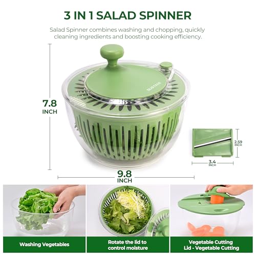 SUSTEAS Salad Spinner Large, Vegetables Wash Bowl, Fruits & Herb Lettuce Dryer with 5 Blade Slicer Egg Yolk Strainer Shredder for Efficient Salad Preparation and Food Washing, 4.25Qt - Image 3