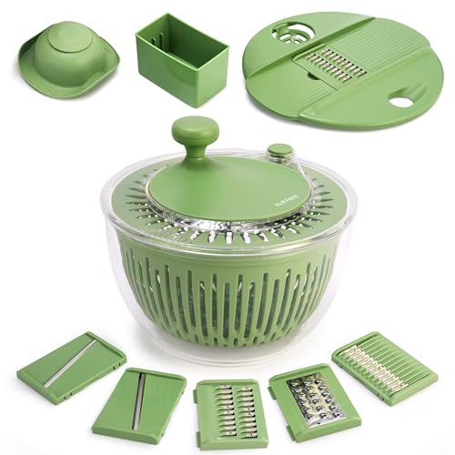 SUSTEAS Salad Spinner Large, Vegetables Wash Bowl, Fruits & Herb Lettuce Dryer with 5 Blade Slicer Egg Yolk Strainer Shredder for Efficient Salad Preparation and Food Washing, 4.25Qt - Image 1