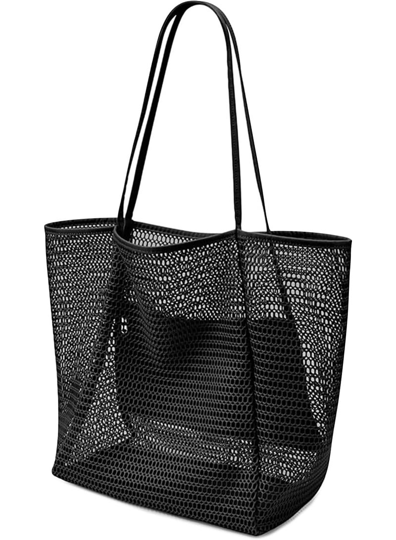 Large mesh beach bag with zipper, interior pocket, women's shoulder bag, bath bag, handbag, shopping bag, tote bag, beach tote bag - Image 1