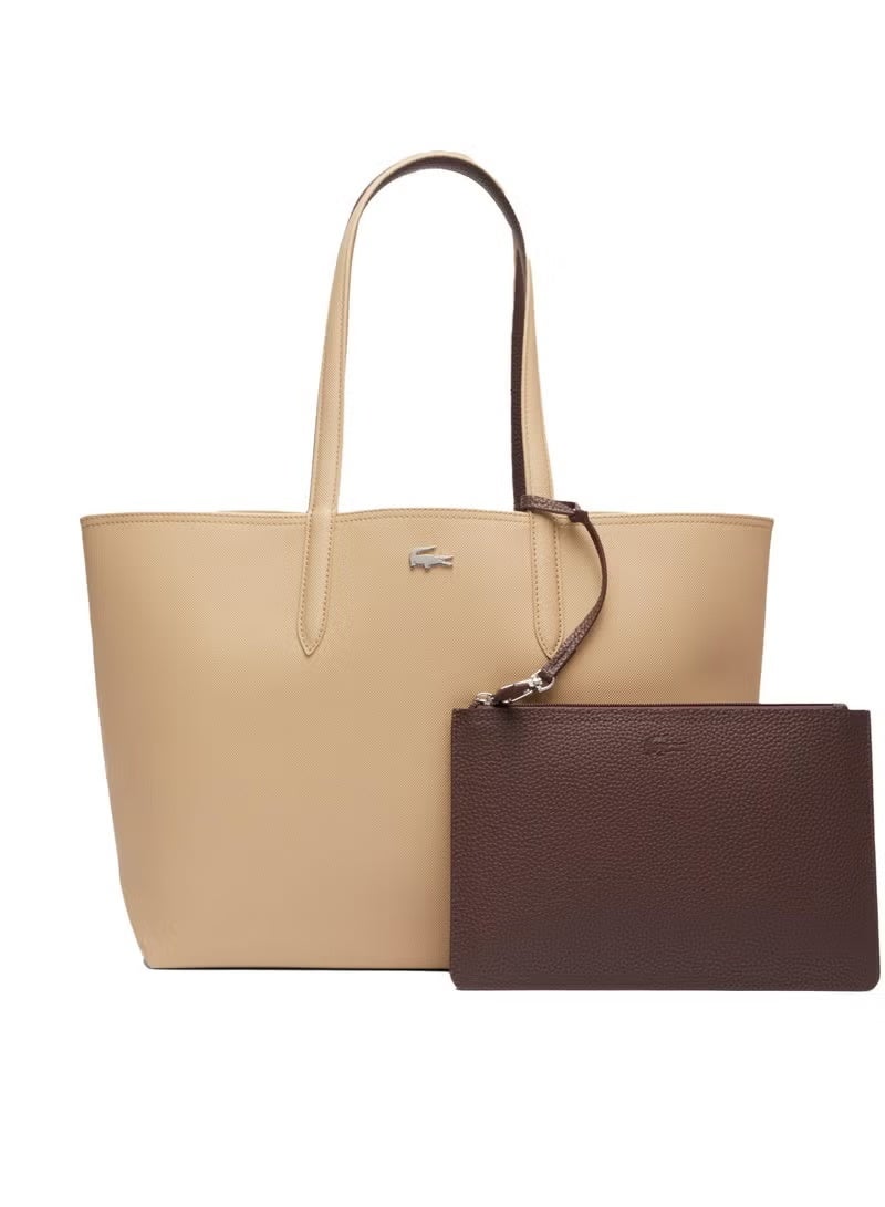 لاكوست حقيبة يد نسائية كبيرة الحجم ذات وجهين وسعة كبيرة بلونين من لاكوست، أنيقة ومتعددة الاستخدامات، بيج/شوكولاتة - Image 1
