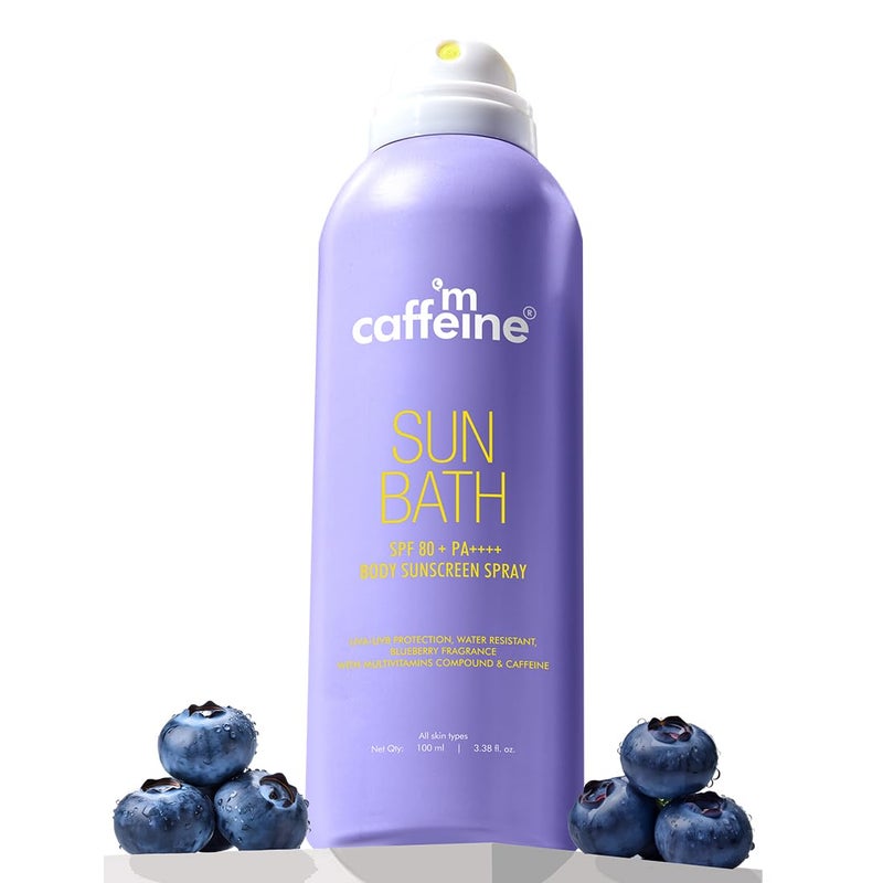 MCaffeine mCaffeine Sun Bath SPF 80 PA  Body Sunscreen Spray  High UV Protection  Invisible NonGreasy 180 Mins WaterSweat Resistant Cooling Spray For All Skin Types  Blueberry Fragrance 100ml  - Image 1