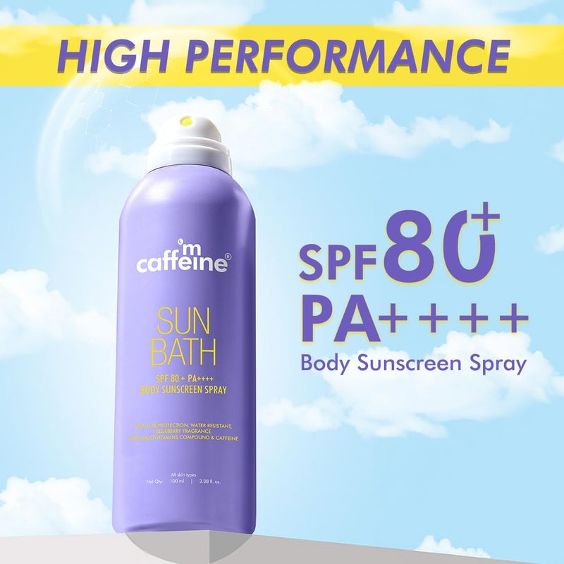 MCaffeine mCaffeine Sun Bath SPF 80 PA  Body Sunscreen Spray  High UV Protection  Invisible NonGreasy 180 Mins WaterSweat Resistant Cooling Spray For All Skin Types  Blueberry Fragrance 100ml  - Image 2