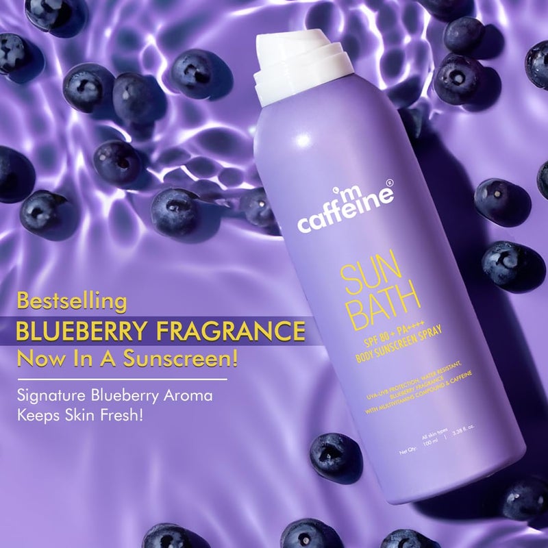 MCaffeine mCaffeine Sun Bath SPF 80 PA  Body Sunscreen Spray  High UV Protection  Invisible NonGreasy 180 Mins WaterSweat Resistant Cooling Spray For All Skin Types  Blueberry Fragrance 100ml  - Image 3