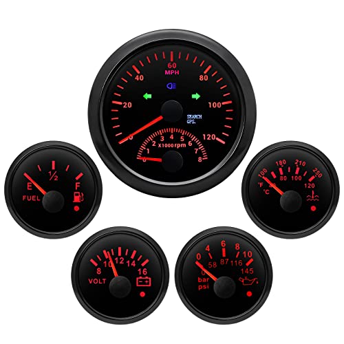 ARTILAURA 5 Gauge Set 3-3/8" 85mm GPS Speedometer with Tachometer, 2-1/16" Fuel Level Gauge, Water Temperature Gauge, Oil Pressure Gauge, Voltage Boat Gauge Set for Car AUTO Boat Marine (All Black) - Image 1