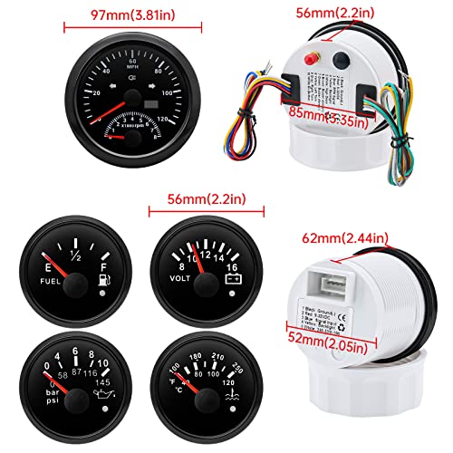 ARTILAURA 5 Gauge Set 3-3/8" 85mm GPS Speedometer with Tachometer, 2-1/16" Fuel Level Gauge, Water Temperature Gauge, Oil Pressure Gauge, Voltage Boat Gauge Set for Car AUTO Boat Marine (All Black) - Image 2