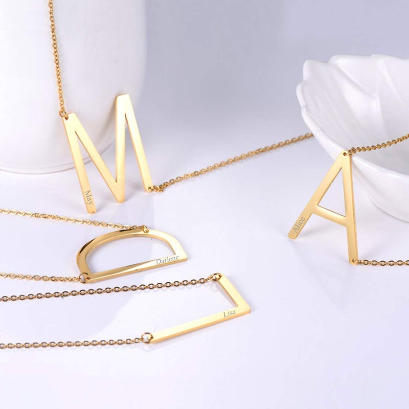 U7 Sideways Large Initial Necklaces 18K Gold Plated Big Letter Script Name Necklaces Statement Alphabet Pendant M Necklace for Women Gift - Image 2