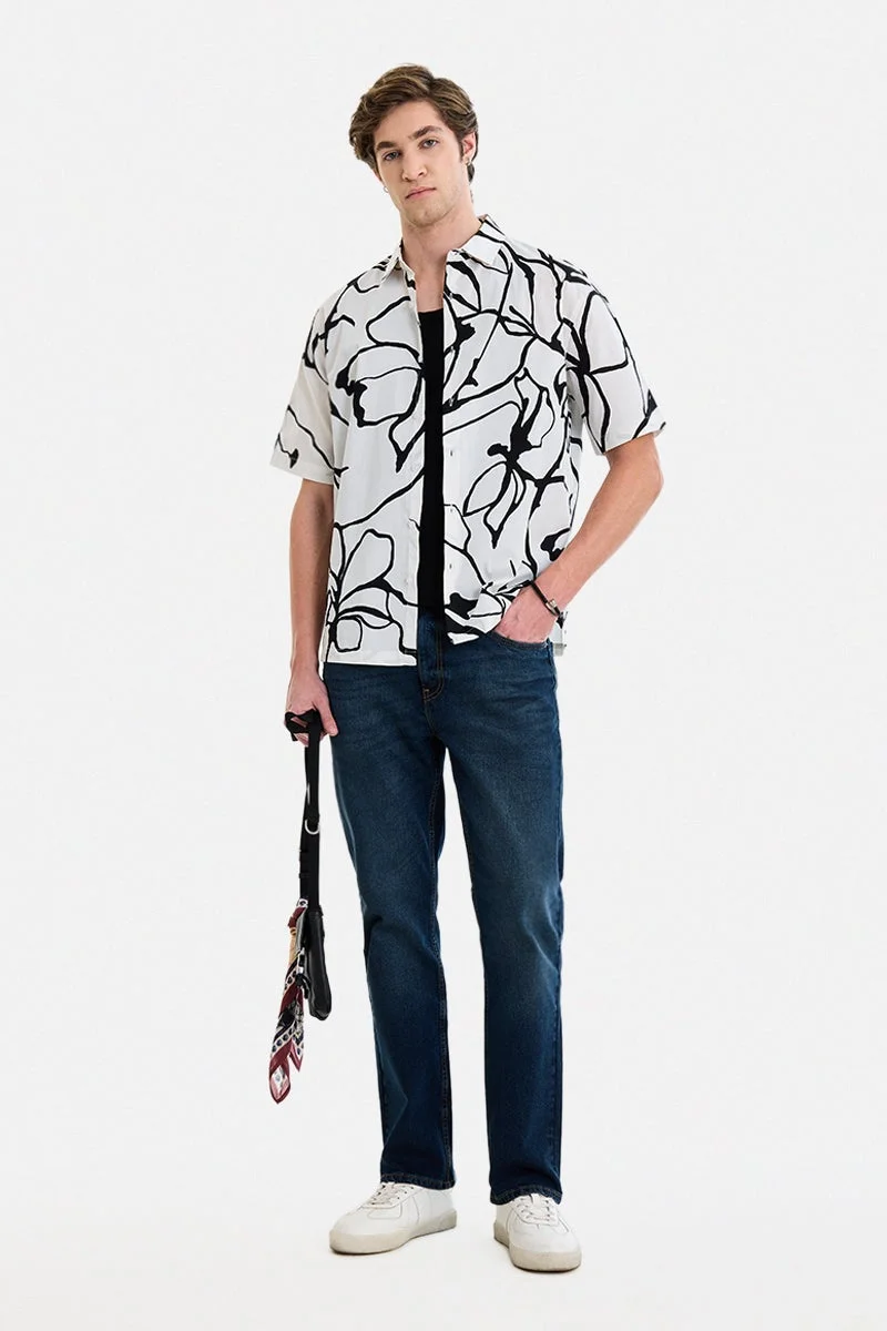 SNITCH White Floral Half Sleeve Slim Fit Shirt