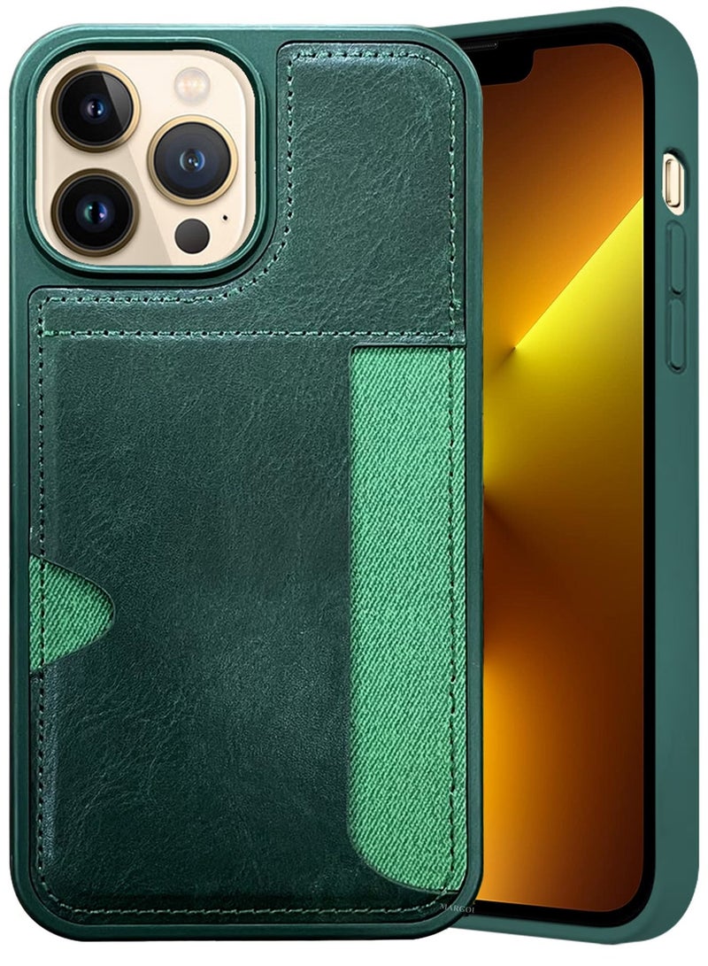 CATANES iPhone 13 Pro Max Case Leather Antifingerprint Cover with Wallet Card Slot Shell, Side Insert Card Holder, Anti Fall Protection - Green  - Image 2