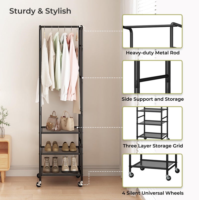 STORAGEIDEAS Small Clothes Rack with 3 Shelves, 72 Inches Tall Coat Garment Rack with Wheels, Display Clothing Racks for Hanging Clothes for Entryway, Hallway, Bedroom, Office, Living Room, Black - Image 3
