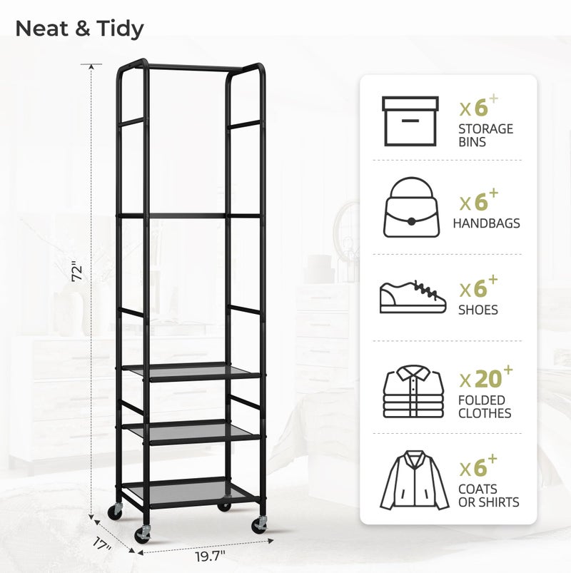 STORAGEIDEAS Small Clothes Rack with 3 Shelves, 72 Inches Tall Coat Garment Rack with Wheels, Display Clothing Racks for Hanging Clothes for Entryway, Hallway, Bedroom, Office, Living Room, Black - Image 2
