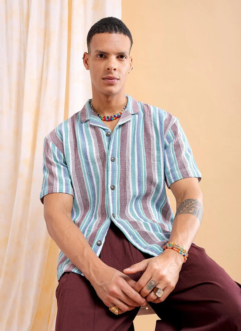 ذا انديان كراج كو Men Relaxed Fit Striped Half Sleeves Cuban Collar Resort Wear Shirt