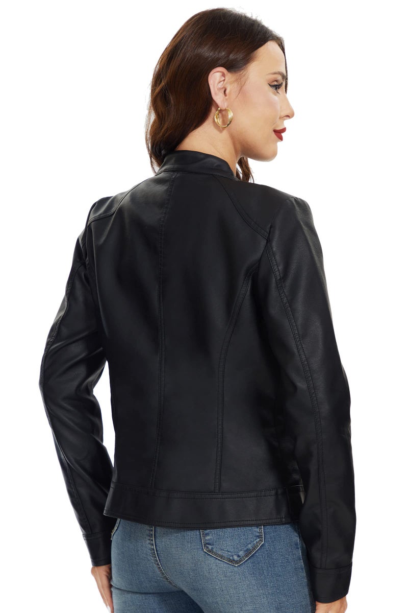 Fahsyee Women's Faux Leather Jackets, Zip Up Motorcycle Short PU Moto Biker Outwear Stand Collar Coat Size XXL Black - Image 4