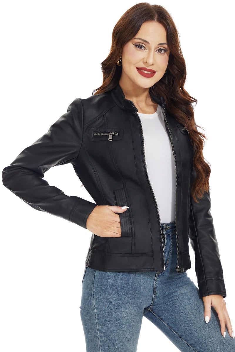 Fahsyee Women's Faux Leather Jackets, Zip Up Motorcycle Short PU Moto Biker Outwear Stand Collar Coat Size XXL Black - Image 3