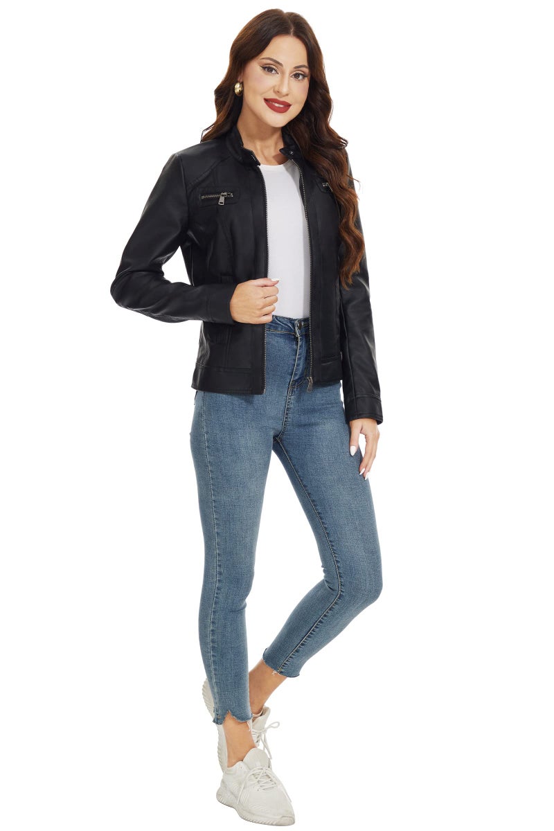 Fahsyee Women's Faux Leather Jackets, Zip Up Motorcycle Short PU Moto Biker Outwear Stand Collar Coat Size XXL Black - Image 5