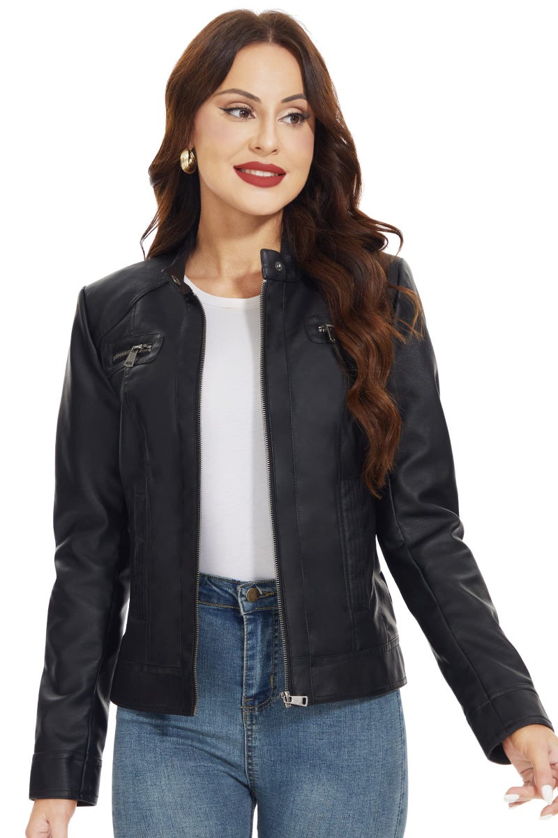 Fahsyee Women's Faux Leather Jackets, Zip Up Motorcycle Short PU Moto Biker Outwear Stand Collar Coat Size XXL Black - Image 2