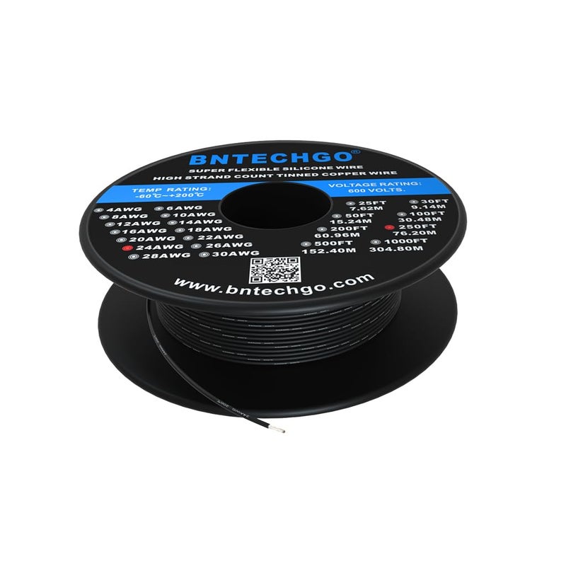 BNTECHGO 24 Gauge Silicone Wire Spool 250 ft Black Flexible 24 AWG Stranded Tinned Copper Wire