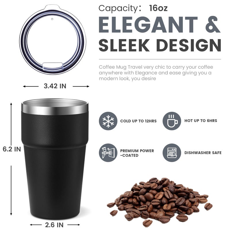 MEWAY 16oz Tumbler Double Wall Vacuum Insulated Travel Mug Bulk, Stainless Steel Tumblers with Lid, Powder Coated Coffee Cups for Cold & Hot Drinks (Black,1 Pack) - Image 2