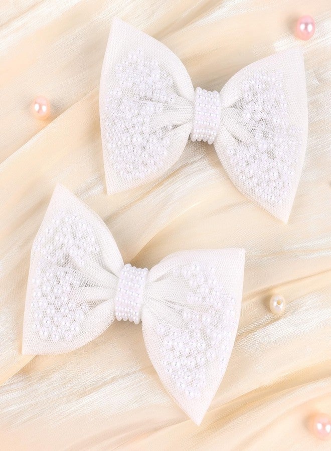 TOKUFAGU 2Pcs Pearl Hair Bows for Girls, White Pearl Hair Bow Clips, Wedding Hair Accessories for Baby Infants Toddlers Kids - Image 5