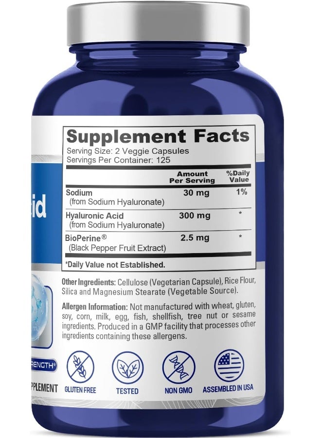 NusaPure Hyaluronic Acid 300mg 250 Veggie Capsules (Non-GMO & Gluten Free) - Image 2