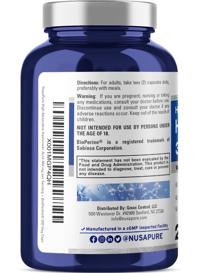 NusaPure Hyaluronic Acid 300mg 250 Veggie Capsules (Non-GMO & Gluten Free) - Image 3