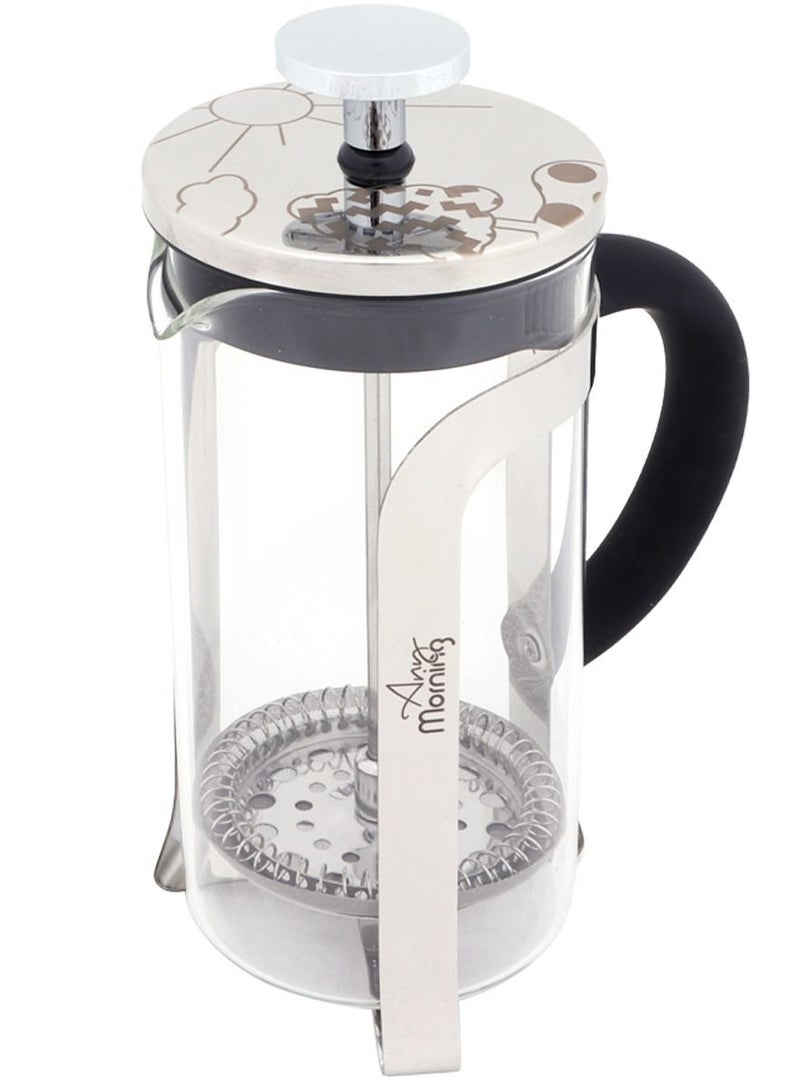 آني مورننغ صانع القهوة والشاي بضغط فرنسي – 600 مل / 20 أونصة / كوبين مصنوع من زجاج بوروسيليكات مقاوم للحرارة مع فلتر من الستانلس ستيل، متين ومقاوم للحرارة، اللون فضي – الطراز FY450 - Image 1