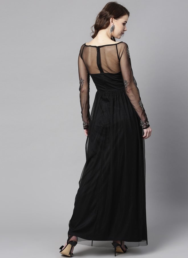 STREET 9 فستان ماكسي أسود بتفاصيل مزينة للنساء - Image 4