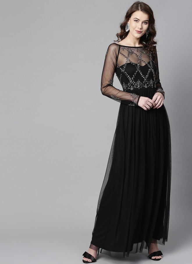 STREET 9 فستان ماكسي أسود بتفاصيل مزينة للنساء - Image 1