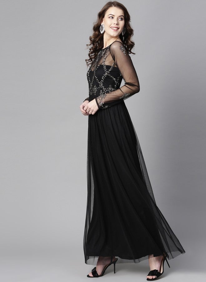 STREET 9 فستان ماكسي أسود بتفاصيل مزينة للنساء - Image 3