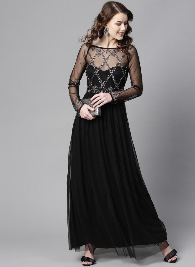 STREET 9 فستان ماكسي أسود بتفاصيل مزينة للنساء - Image 5