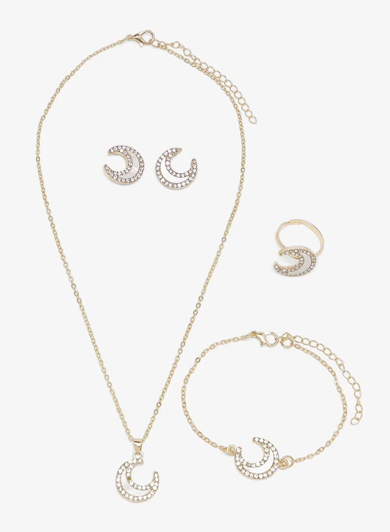 Khizana Moon Pendant Rhinestone Embellished Necklace Set with Earrings & Bracelet