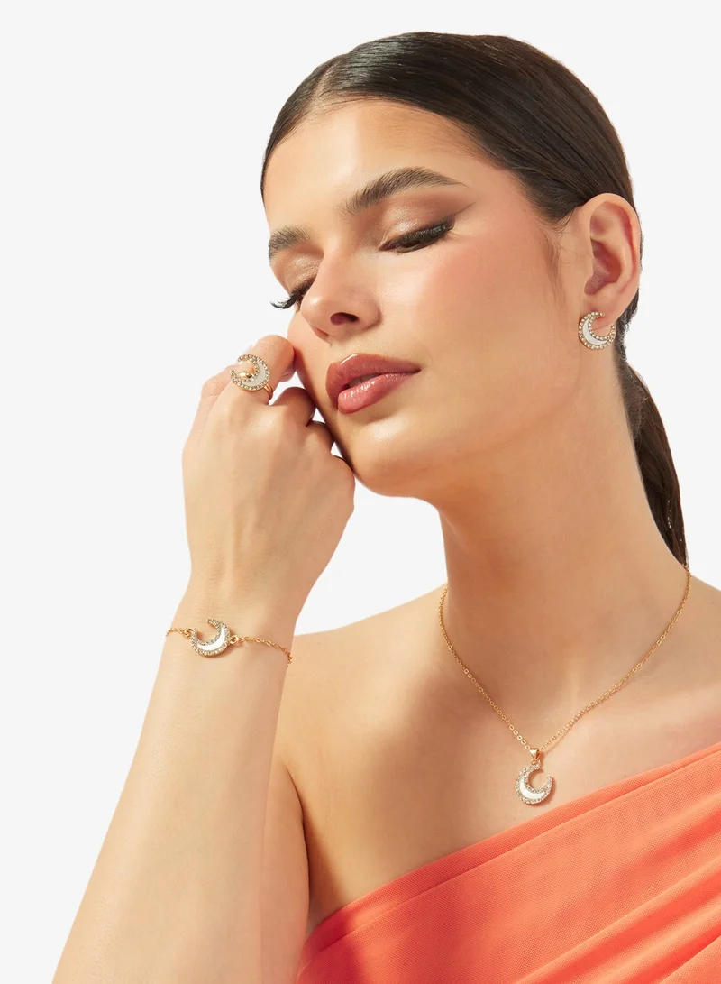 Khizana Moon Pendant Rhinestone Embellished Necklace Set with Earrings & Bracelet