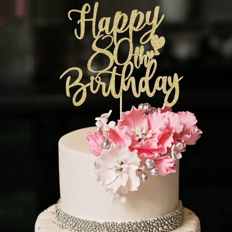 YUINYO 80th Handmade Glitter happy birthday Cake Topper Cheers to 80th birthday Cake Bunting Decoreighty Birthday Party Decoration Supplies Gold - Image 3