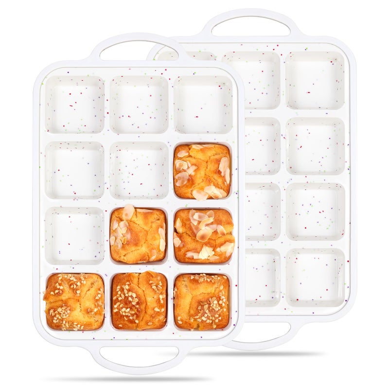 AOTASO 2 Pcs Brownie Pan With Dividers Silicone Nonstick Mini Individual 12 Cup Square Muffin Cupcake Pans with Metal FrameCream